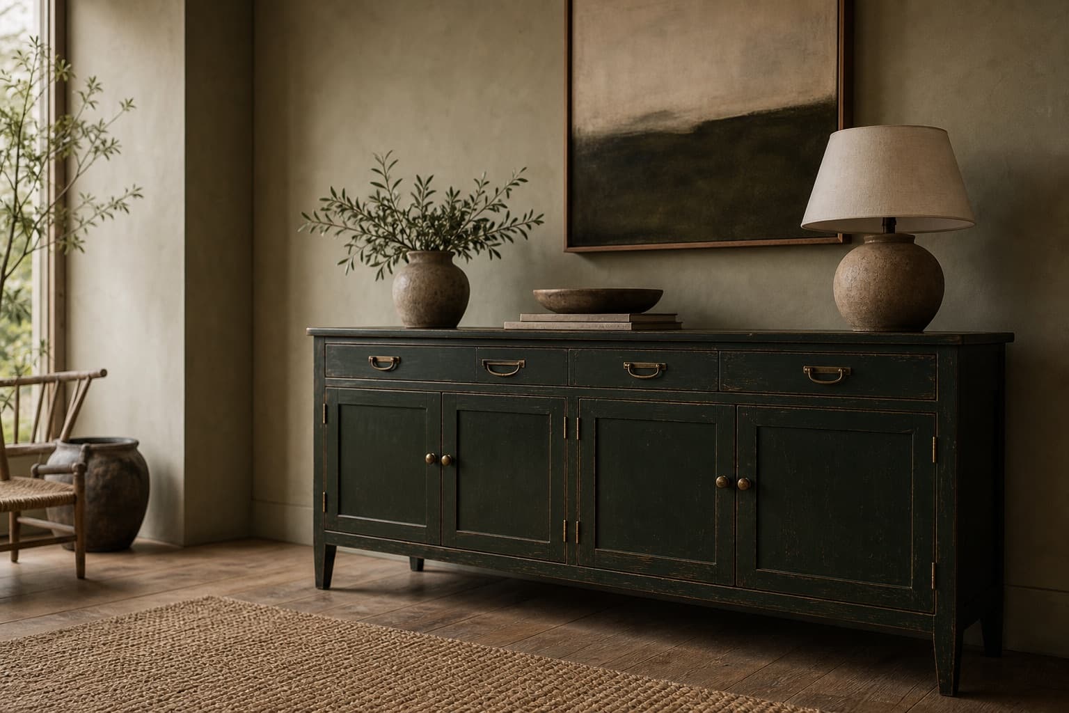 Deep green vintage console staged for a polished designer presentation.