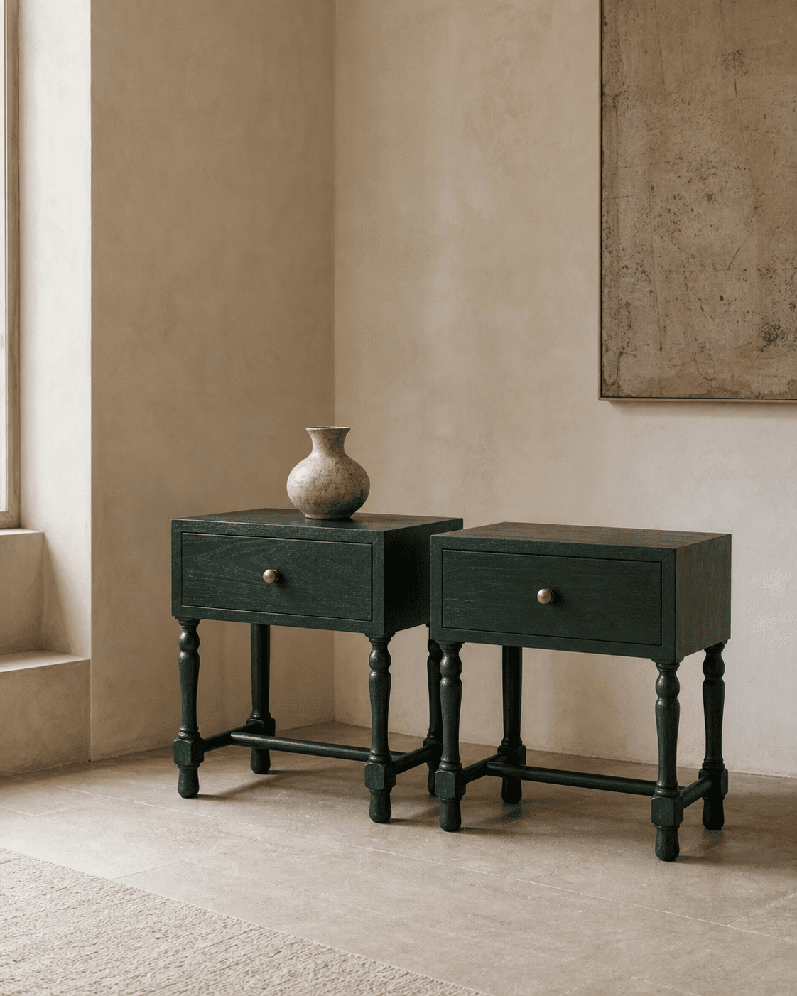 Studio Alder manor green side tables in an atelier-style room setting.