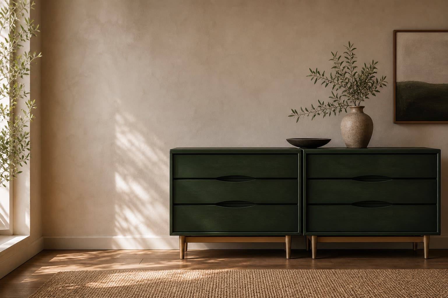 Refinished manor green console in a crop-safe editorial room view.