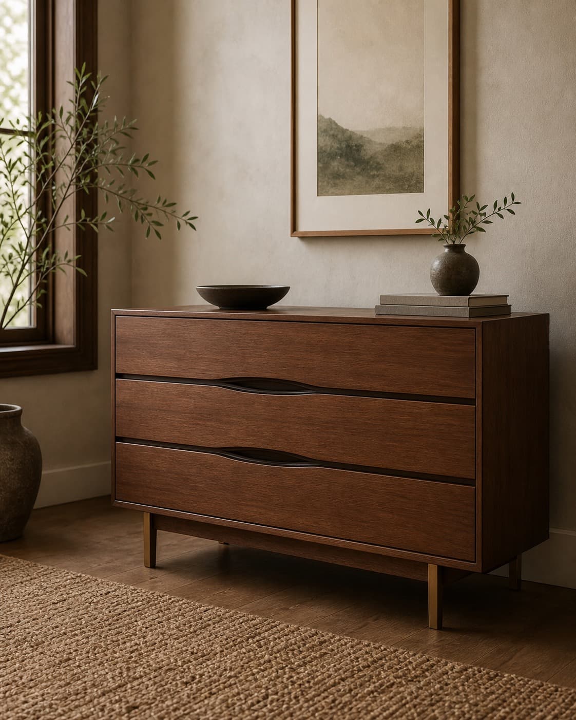 Studio-staged walnut dresser in a warm editorial room setting.