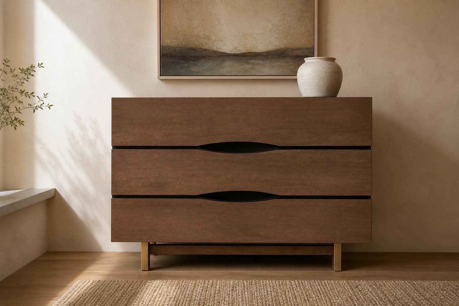Restored walnut dresser styled straight on in a warm room with natural light.