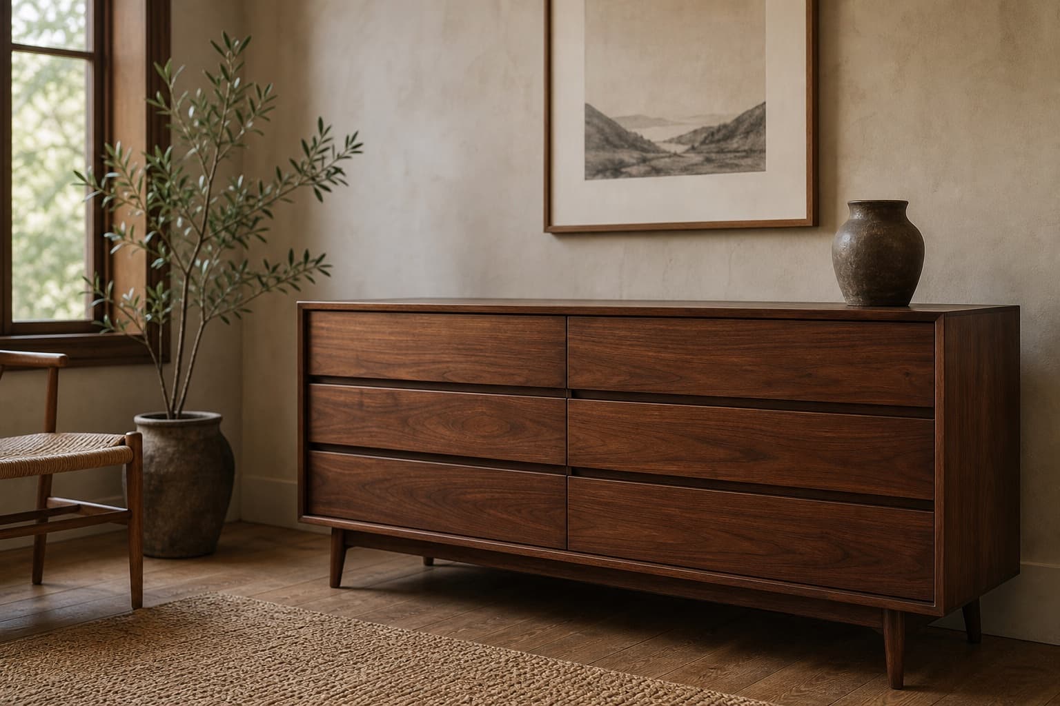 Walnut dresser styled in a quiet room with art and warm wood tones.