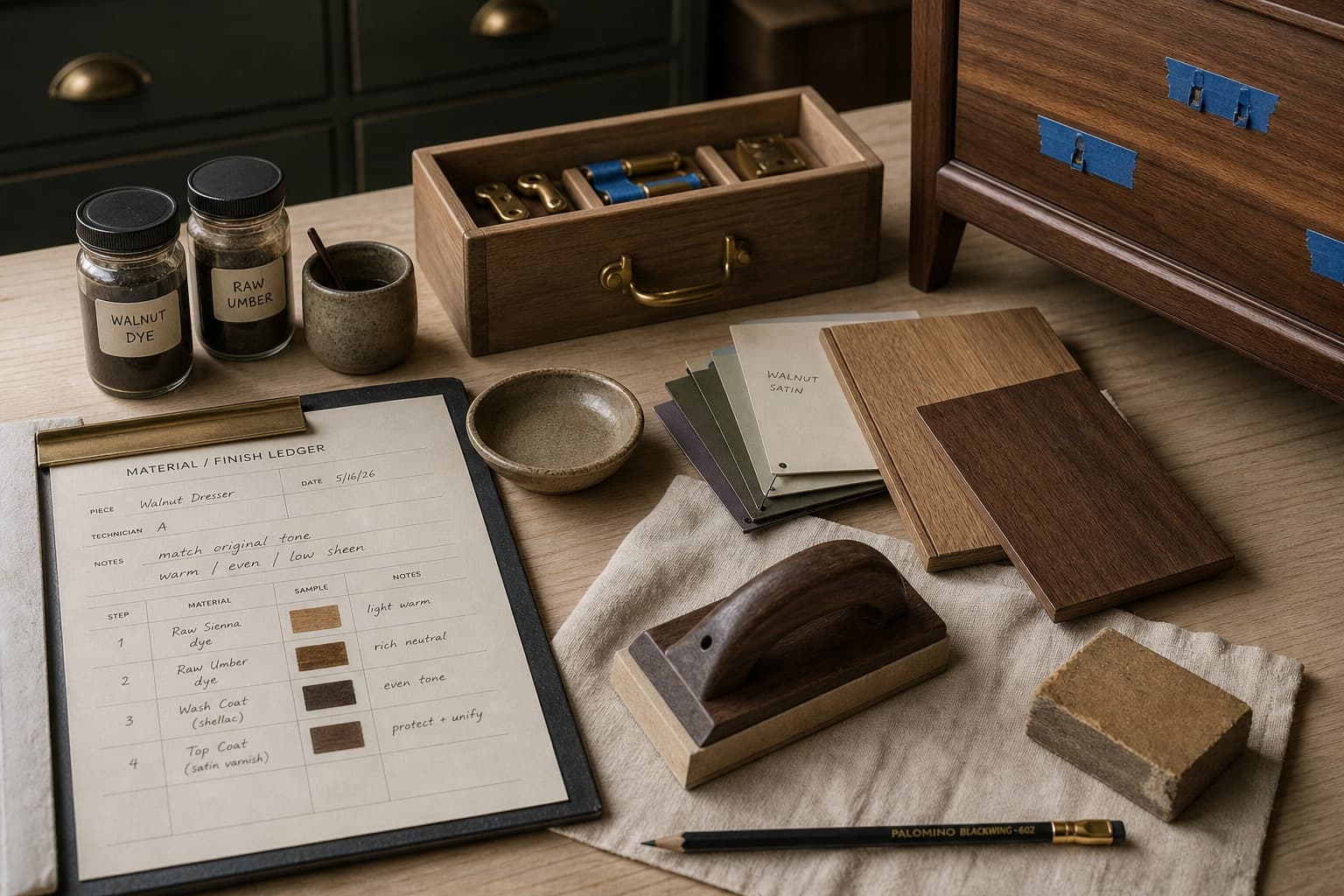 Studio Alder finish swatches, wood samples, and brass hardware on a workbench.
