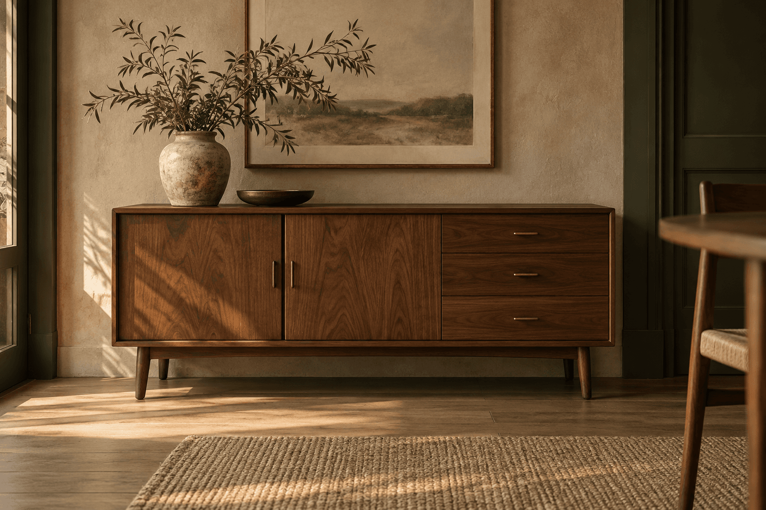 AI-generated style inspiration of a walnut sideboard in a warm interior